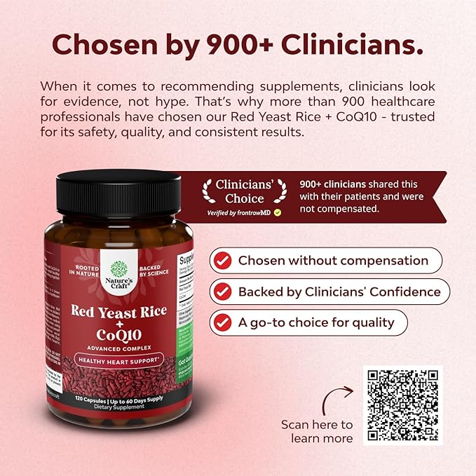 Natures Craft Red Yeast Rice with CoQ10 Supplement - Advanced Healthy Heart & Healthy Cholesterol Levels Formula for Men & Women - Red Yeast Rice Capsules with 1200 mg per Serving and CoQ10-120 Count