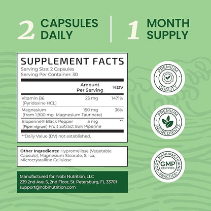 Magnesium Taurate 1900MG | Heart Health and Relaxation Support | 150MG Elemental Magnesium Per Serving | High Absorption Mag Taurate with Vitamin B6 + Black Pepper | Non-GMO | 60 Ct (1 Month Supply)