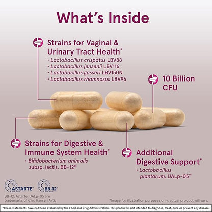 Jarrow Formulas Fem-Dophilus Advanced Vaginal & Digestive Probiotics 10 Billion CFU with 6 Science Backed Strains, for Vaginal, Urinary Tract, Digestive & Immune Support, 30 Capsules, Shelf-Stable