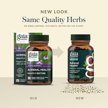 Gaia Herbs Adrenal Health Nightly Restore - Herbal Supplement with Ashwagandha, Magnolia Bark, Cordyceps, Lemon Balm & More* - 60 Vegan Liquid Phyto-Caps (30 Servings)