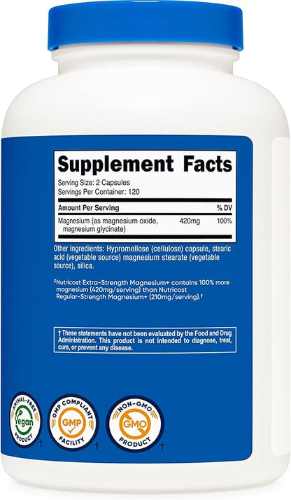 Nutricost Magnesium+ Extra Strength 420mg, 240 Capsules - 120 Servings. Magnesium Oxide and Glycinate - Non-GMO, Gluten Free, Vegan Friendly
