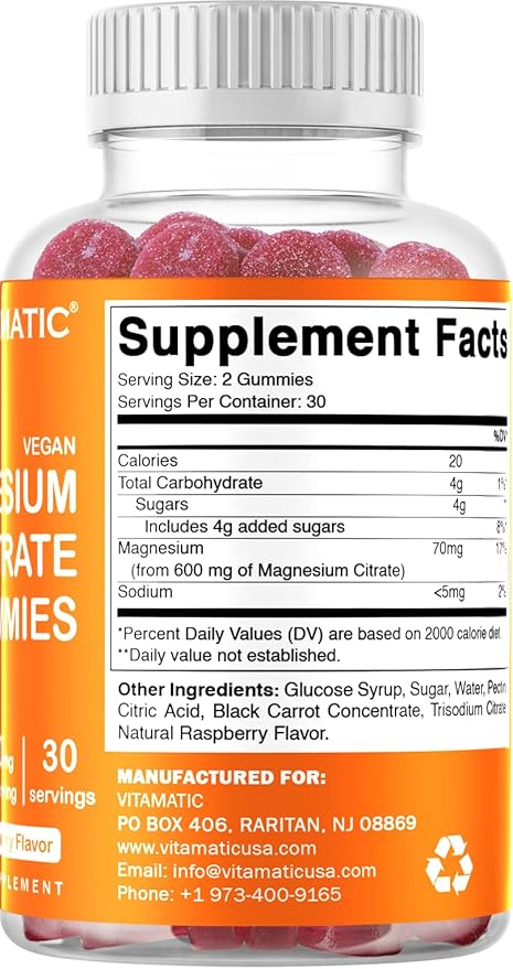 Vitamatic Magnesium Gummies 600mg per Serving – 60 Vegan Gummies – Relaxation, Muscle, Bone & Energy Support – 6 Pack