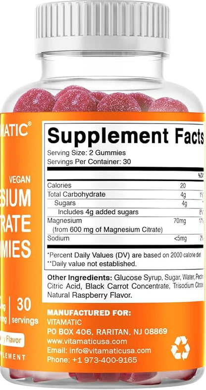 Vitamatic Magnesium Citrate Gummies 600mg per Serving - 60 Count - Promotes Healthy Relaxation, Muscle, Bone, & Energy Support (Pack of 2)