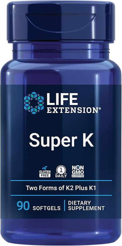 Life Extension Super K, Vitamin K Supplement, 2000 Mcg Vitamin K and 1180 Mcg Vitamin K2, Heart Health, Once-Daily, 90 Softgels