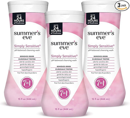 Summer’s Eve Simply Sensitive All-Over Daily Feminine Wash, Gentle pH-Balanced Body Wash for Women, Feminine Care to Remove Vaginal Odor, Gynecologist Tested, 15 Fl Oz, Pack of 3