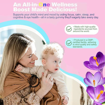 Saffron for Kids, Saffron Extract, Magnesium Glycinate, Omega-3, L-Theanine, Holy Basil, Rosemary, B6, D3 for Calm, Focus, Happy Mood, Cognition, Sleep, Sugar Free, 90 Gummies