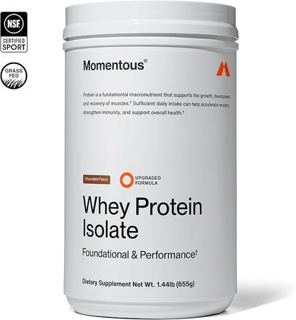 Momentous Essential Grass-Fed Whey Protein Powder – 20 g Whey Isolate Protein – NSF Certified for Sport – Gluten-Free – 25 Servings for Essential Everyday Use – Chocolate – Net WT 1.44 LB (655 g)