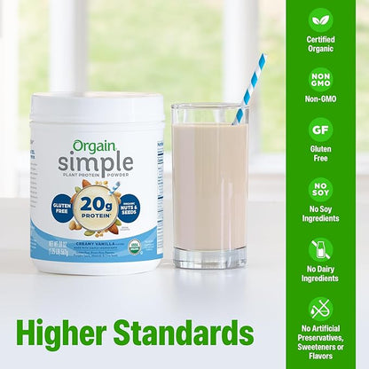 Orgain Organic Simple Vegan Protein Powder, Vanilla - 20g Plant Based Protein, Made with less Ingredients, No Artificial Sweeteners, Gluten Free, No Dairy or Lactose, 1.25 lb (Packaging May Vary)