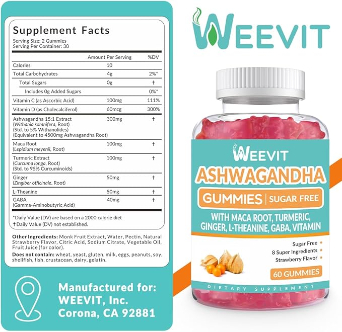 WEEVIT Ashwagandha Gummies with Vitamin D for Women & Men, Ashwagandha Gummy with Maca Root Powder | Organic Ashwa Gummies for Boost Energy