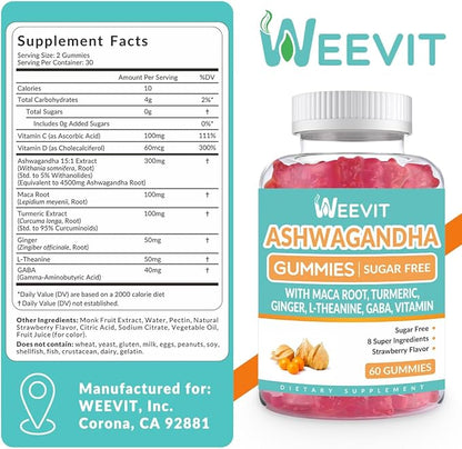 WEEVIT Ashwagandha Gummies with Vitamin D for Women & Men, Ashwagandha Gummy with Maca Root Powder | Organic Ashwa Gummies for Boost Energy