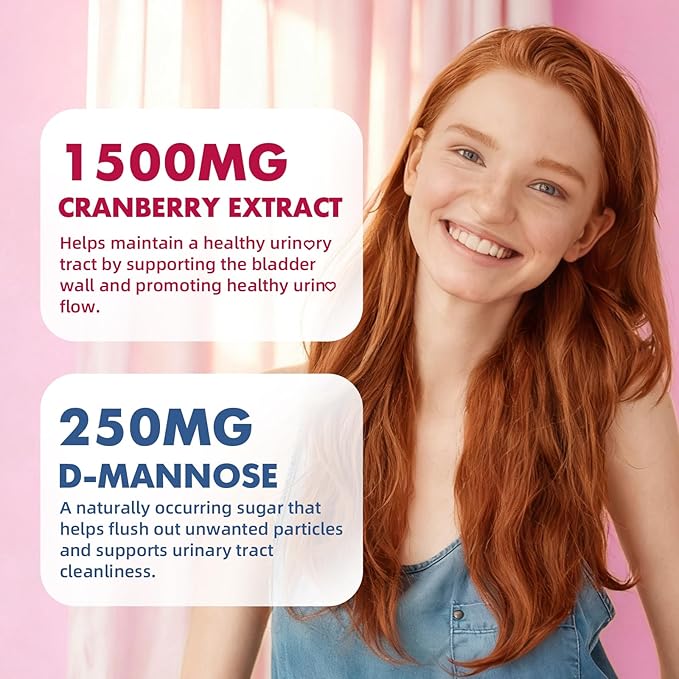 Vegan Cranberry Gummies with D Mannose - Supports Urinary Tract Health for Women & Men, Sugar-Free, Non-GMO and Gluten Free, Strawberry Flavor, 60 Count