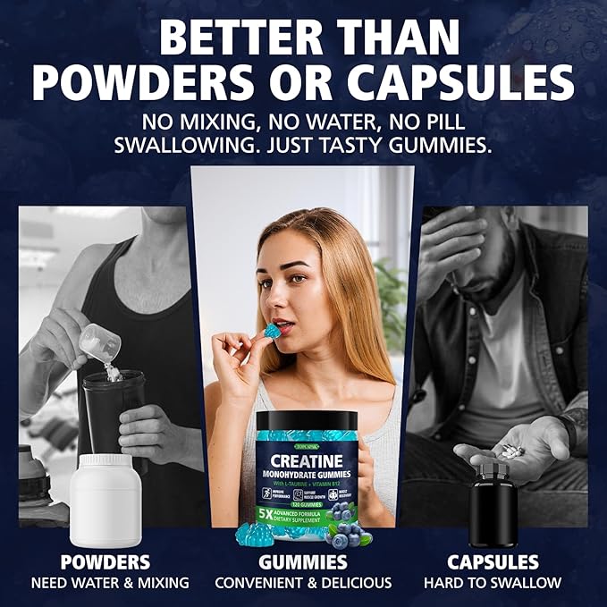 Creatine Gummies for Men & Women - Chewable Creatine Monohydrate Gummies with Taurine & Vitamin B12, 5g Creatine per Serving, Blueberry Flavor, Raspberry-Shaped - 120 Count