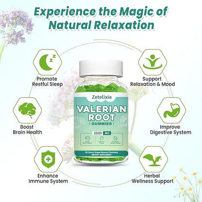 Organic Valerian Root Gummies, Natural Calm to Help Relaxation, Herbal Supplement for Mood Support, Melatonin Free, Non-GMO, Gluten Free, Vegan, Green Grape Flavor, 60 Count