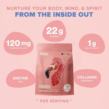 BIRDMAN Fitmingo Vegan Protein Powder with Inositol, Collagen Boosters, Hyaluronic Acid and Vitamins | Low Carb, Dairy Free, Low Calorie | 22g Plant Based Mocha Protein Powder with Myo-Inositol