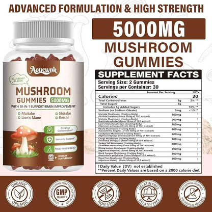 1 Pack 5000MG Mushroom Gummies for Men & Women - 10-in-1 Blend Mushroom Complex Supplement containing Lion's Mane, Brain and Immune Boosting, Blueberry Flavor, Non-GMO, 60 Cts