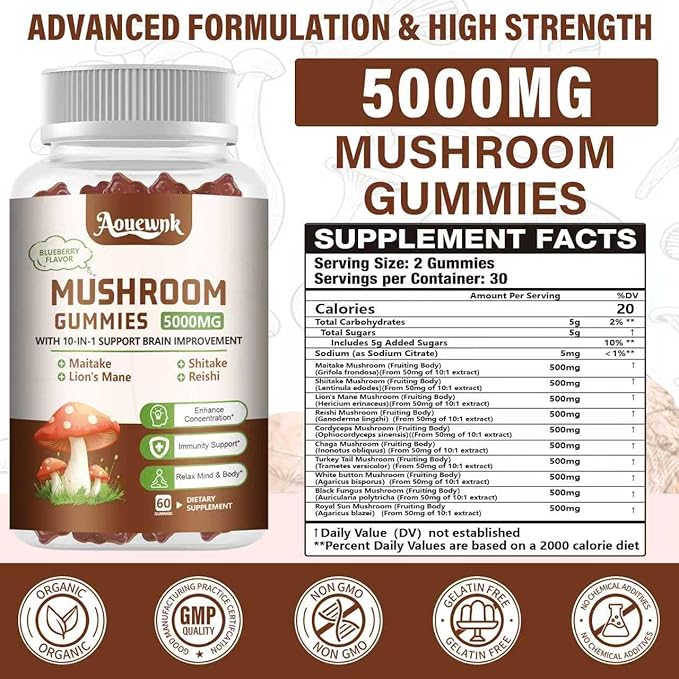 2 Pack 5000MG Mushroom Gummies for Men & Women - 10-in-1 Blend Mushroom Complex Supplement containing Lion's Mane, Brain and Immune Boosting, Blueberry Flavor, Non-GMO, 120 Counts