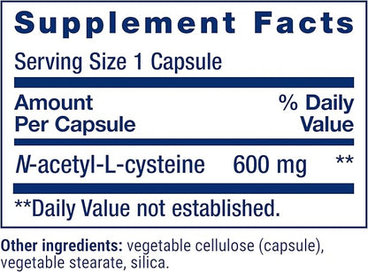 Life Extension N-Acetyl-L-Cysteine (NAC), Immune, Respiratory, Liver Health, NAC 600 mg, Potent antioxidant Support, Free-radicals, Easy to Absorb, 60 Capsules