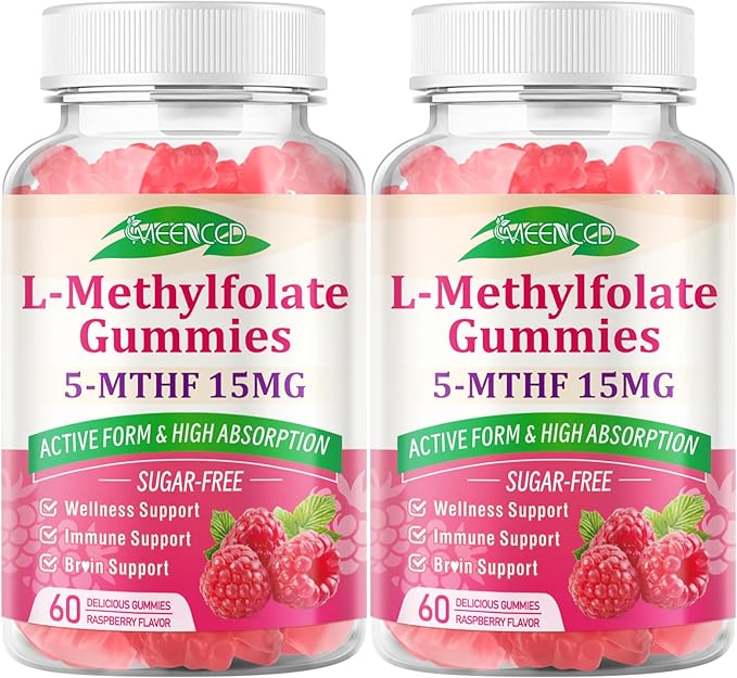 MEENCCD 2 Pack L-Methylfolate 15mg Gummies, Methylfolate Supplement, 5-MTHF Supplement - Active 5-MTHF - Supports Overall Wellness, Vegan, Raspberry Flavor, 120 Count