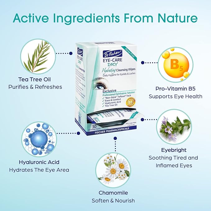 Dr. Fischer Tea Tree Eyelid Wipes - Gentle Eye Wipes for Everyday Dry Eye Relief - Hypoallergenic Makeup Remover (6 packs of 30 wipes each).