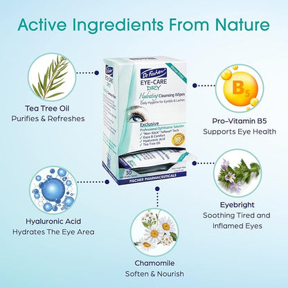 Dr. Fischer Tea Tree Eyelid Wipes - Gentle Eye Wipes for Everyday Dry Eye Relief - Hypoallergenic Makeup Remover (6 packs of 30 wipes each).