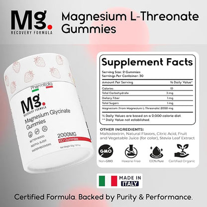Magnesium L-Threonate Gummies for Adults & Kids 2000mg – Brain Supplements for Memory and Focus - Calm Magnesium Gummies for Improved Sleep and Healthy Mind - 60 Count (Strawberry)