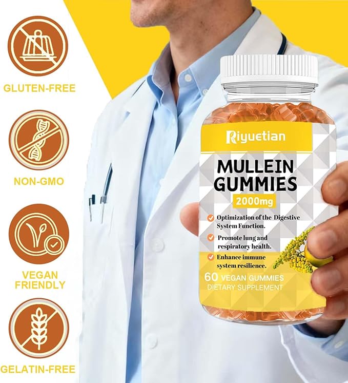 Mullein Gummies, 2000mg Organic Mullein Leaf Extract with Quercetin, Bromelain & Vitamin D3, Mullein Leaf Extract for Respiratory, Natural Lung Cleanse, Improve Appetite, Vegan, Non-GMO, 2 Pack