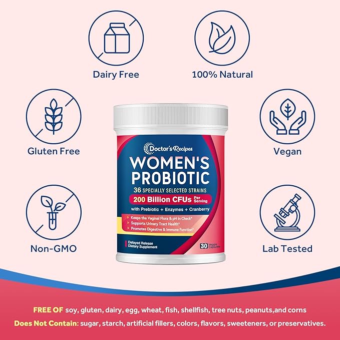 Doctor's Recipes Probiotics for Women, 200B CFUs 36 Strains, with Prebiotics, Enzymes & Cranberry, Vaginal Urinary Digestive & Immune, Shelf Stable, 30 Caps
