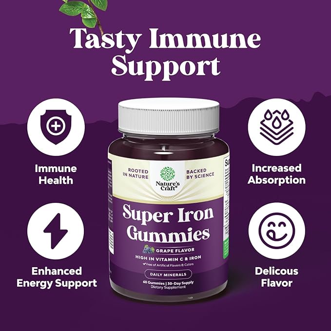 Extra Strength Iron Gummies for Women and Men - Potent 45mg per Serving Chewable Supplement for Women and Men with Vitamin C for Higher Absorption - Vegan Daily Iron Gummy No Artificial Flavors - 60Ct