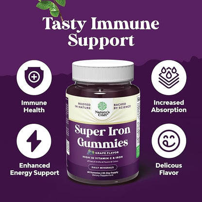 Extra Strength Iron Gummies for Women and Men - Potent 45mg per Serving Chewable Supplement for Women and Men with Vitamin C for Higher Absorption - Vegan Daily Iron Gummy No Artificial Flavors - 60Ct