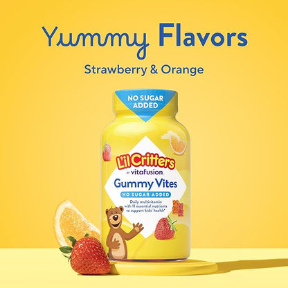 L’il Critters Gummy Vites No Sugar Added Daily Gummy Multivitamin for Ages 2+ Toddlers & Kids, Vitamin C, D3 for Immune, Strawberry and Orange Flavors, 100 Gummies