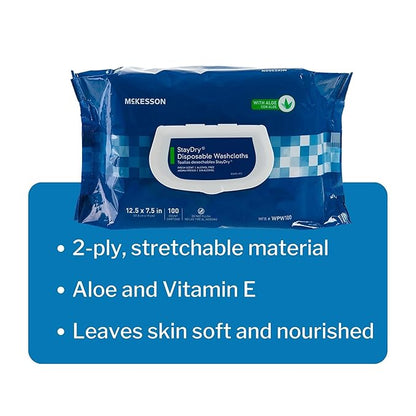 McKesson Staydry Disposable Washcloths with Aloe, Pre-moistened, 8 X 12", Soft Pack