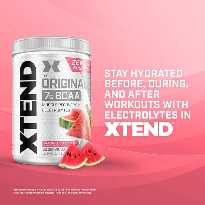 Xtend Original BCAA Powder, 7g BCAAs and 2.5g L-Glutamine for Muscle Recovery Hydration and Lean Muscle, Sugar Free Intra and Post Workout Drink with Electrolytes, Watermelon Explosion, 30 Servings