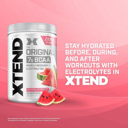 Xtend Original BCAA Powder, 7g BCAAs and 2.5g L-Glutamine for Muscle Recovery Hydration and Lean Muscle, Sugar Free Intra and Post Workout Drink with Electrolytes, Watermelon Explosion, 30 Servings