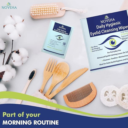 NOVEHA 180Pcs Daily Hygienic Eyelid & Lash Wipes | Individually Wrapped Cleansing Eyelash Wipes - For Blepharitis & Itchy Eyes, Demodex and Natural Makeup Remover & Daily Cleanser (3 Pack)