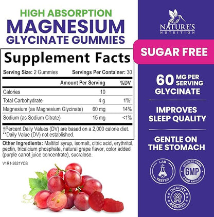 Magnesium Glycinate Supplement Gummies - Magnesium Supplement with Bone Muscle Heart Health & Sleep Support - Gentle on Stomach & Chelated for Max Absorption - Grape Flavor & Sugar Free - 60 Gummies