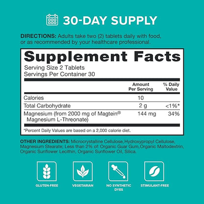 Qunol Q-Mag Magnesium L-Threonate Tablets, 2000mg of Magtein to Help Support Cognitive Performance, Improve Mental Alertness & Productivity, Supports Restful Sleep, High Absorption, 60 Count