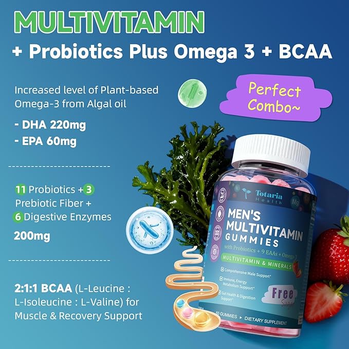 Totaria 2 Packs Sugar Free Multivitamin for Men with Omega 3, Probiotics, Mens Multivitamins Gummies w/Methylated B Complex, BCAA, Lycopene, Zinc, for Daily Energy, Immune, Heart, Iron Free