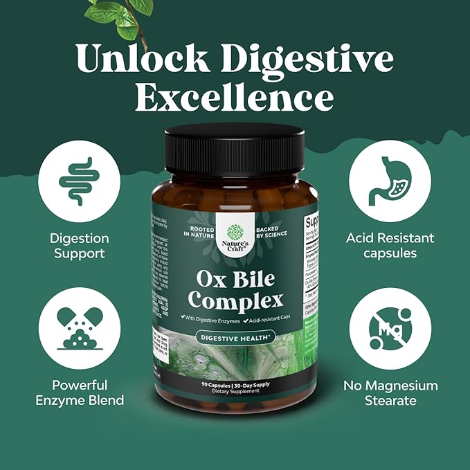 Digestive Enzymes with Ox Bile - Ox Bile Supplements for No Gallbladder with Trypsin, Papain & Bromelain Enzyme for Pancrease Cleanse & Detox - Pancreatin Digestion Enzymes for Women & Men - 90 Ct