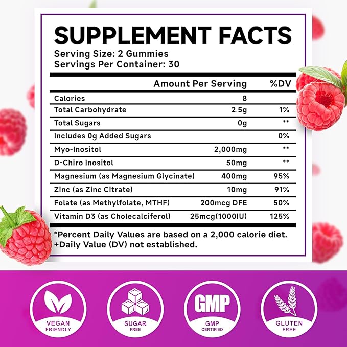 Myo-Inositol & D-Chiro Inositol Gummies, 40:1 Ratio Inositol with Vitamin D3, Magnesium Glycinate, Folate & Zinc, Inositol Supplement for Female Health, Raspberry Flavor, 60 Count