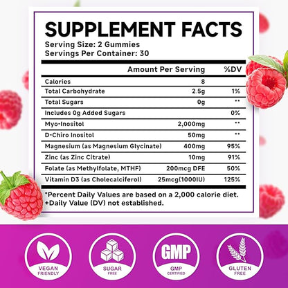 Myo-Inositol & D-Chiro Inositol Gummies, 40:1 Ratio Inositol with Vitamin D3, Magnesium Glycinate, Folate & Zinc, Inositol Supplement for Female Health, Raspberry Flavor, 60 Count
