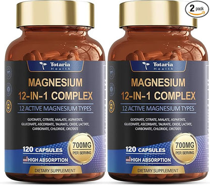 Magnesium Complex 700mg 12 in 1 Magnesium Supplement with Glycinate Citrate Malate Oxide Taurate Aspartate Orotate Magnesium Relaxation,Muscle,Heart Support, Vegan 120 Capsules 2PK