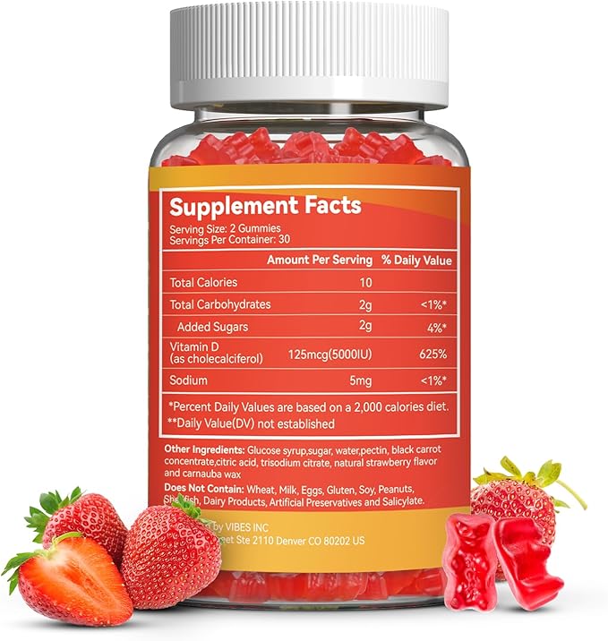 2 Pack Vitamin D3 5000 IU 125mcg Gummies - Vitamin D Gummies for Adults, Support Immune, Bone, Muscle Health - Non-GMO, Gluten-Free, Dairy-Free, No Gelatin, 120 Count, Strawberry Flavor