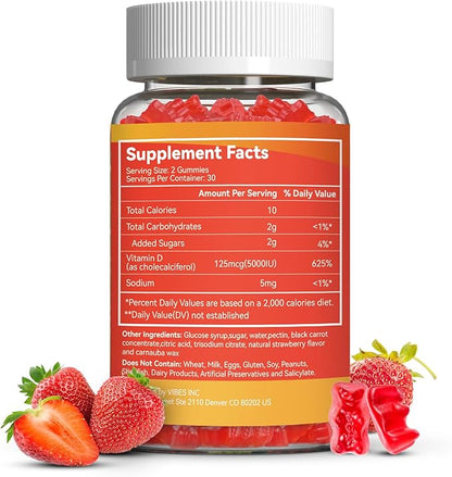 2 Pack Vitamin D3 5000 IU 125mcg Gummies - Vitamin D Gummies for Adults, Support Immune, Bone, Muscle Health - Non-GMO, Gluten-Free, Dairy-Free, No Gelatin, 120 Count, Strawberry Flavor