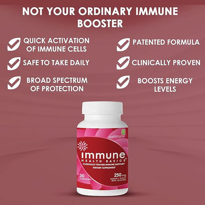 Ultra Strength Immunity - Clinically Proven Immune Support - Wellmune Highly Purified Beta Glucan - Gluten-Free, Non-allergenic, Non-GMO and Vegan Capsules - 30 Capsules, 250 mg