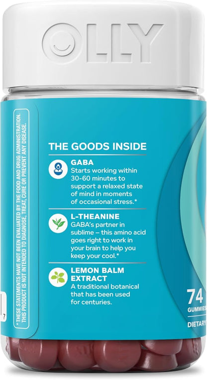 OLLY Goodbye Stress Gummy, GABA, L-Theanine, Lemon Balm, Stress Relief Supplement, Berry - 74 Count