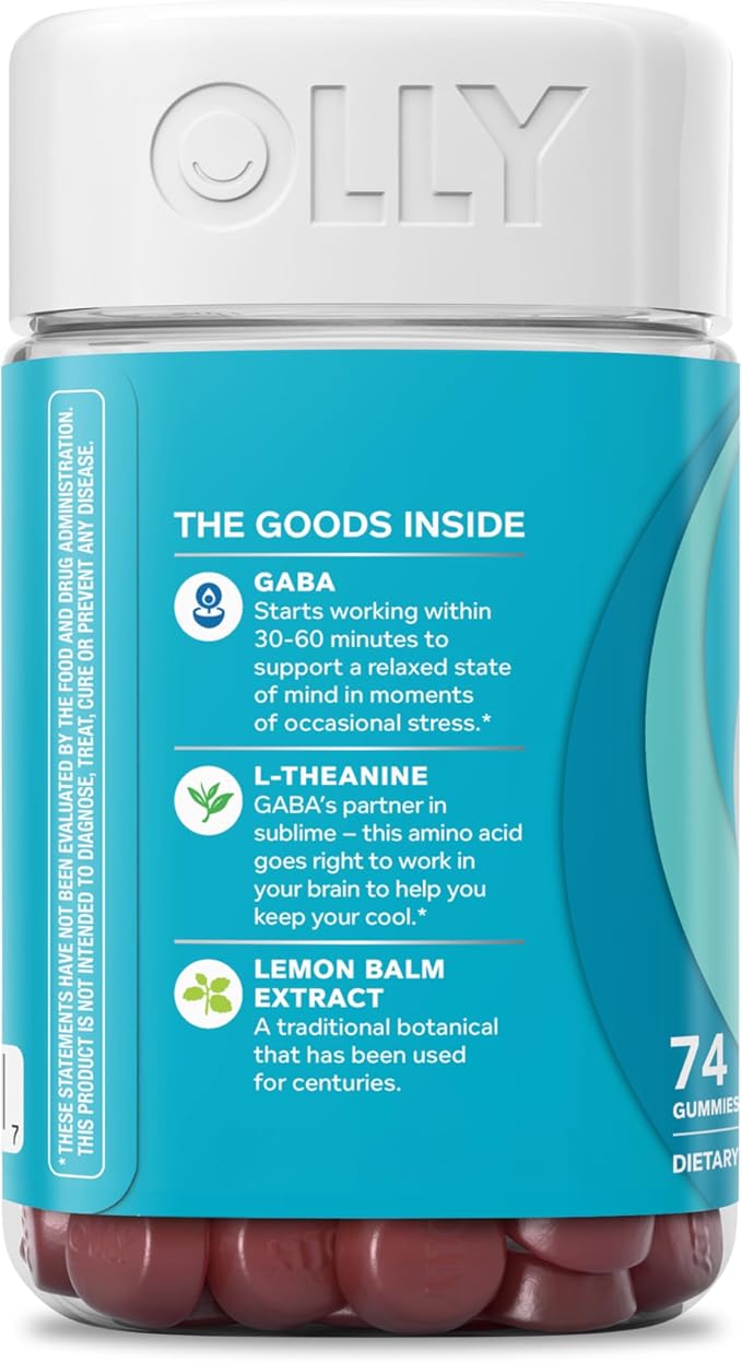 OLLY Goodbye Stress Gummy,GABA,L-Theanine,Lemon Balm,Stress Relief Supplement,Berry -,74 Count (Pack of 2)