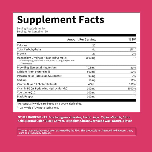 Magnesium Glycinate Gummies 1000mg - Sugar Free Magnesium Potassium Supplement with Vitamin D, B6, CoQ10 for Calm Mood & Sleep Support - 120Raspberry Gummies