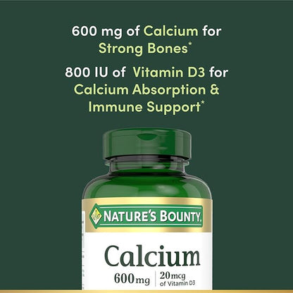 Nature's Bounty Calcium Carbonate & Vitamin D, Supports Immune Health & Bone Health, 600mg Calcium & 800IU Vitamin D3, 250 Tablets
