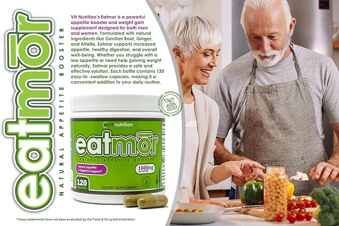VH Nutrition Eatmor | Appetite Booster | Weight Gain Pills* for Women and Men | Designed for Women with Gentian, Ginger, Alfalfa | 120 Easy-to-Swallow Capsules