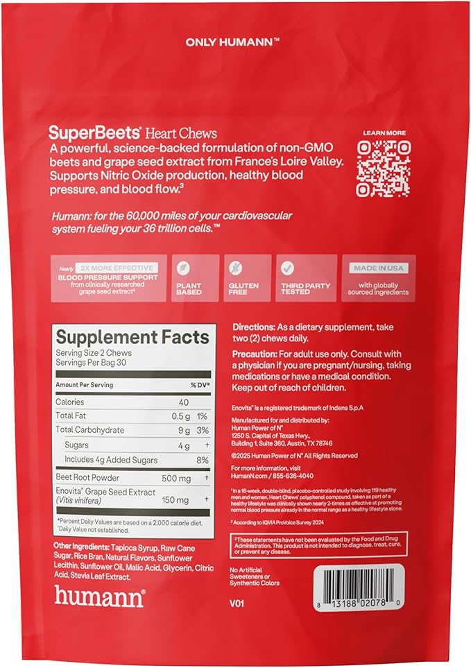 Humann SuperBeets Heart Chews, Beet Root Powder Support Energy Supplement, Nitric Oxide and Blood Pressure Support, Grape Seed Extract & Non-GMO, Heart Health, Pomegranate Berry Flavor, 180 Count